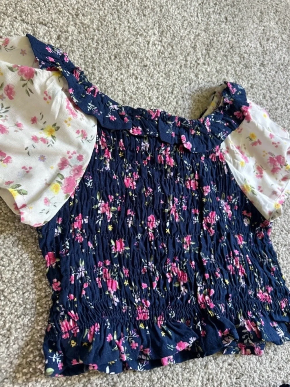 Girls Navy Floral Smocked Ruffle Rayon Set